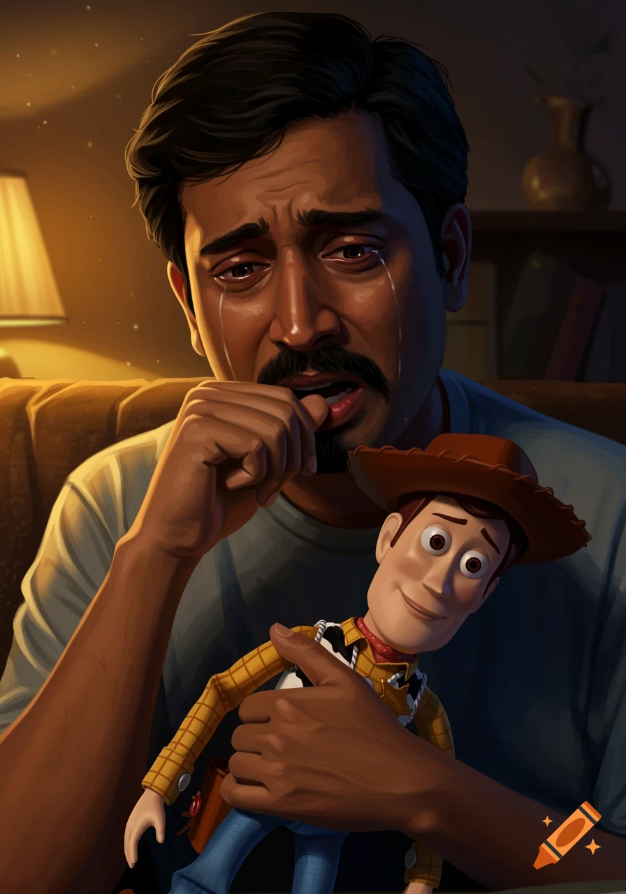Digital illustration of a crying Indian man, with a mustache and goatee, hugging a Woody doll and sucking his thumb.