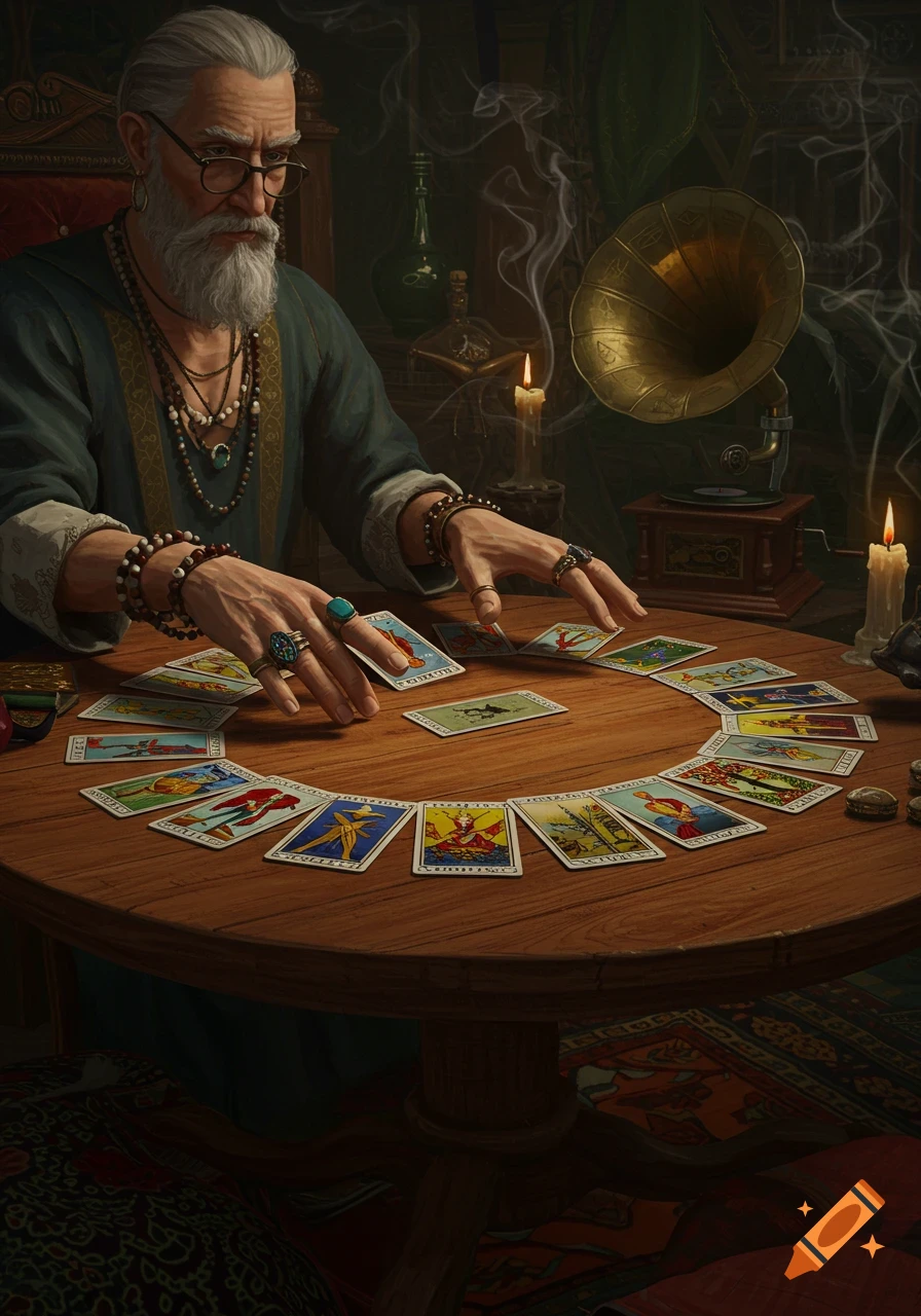 An old man with a white beard and glasses reads tarot cards spread on a wooden table, in a dimly lit room with candles and a gramophone.