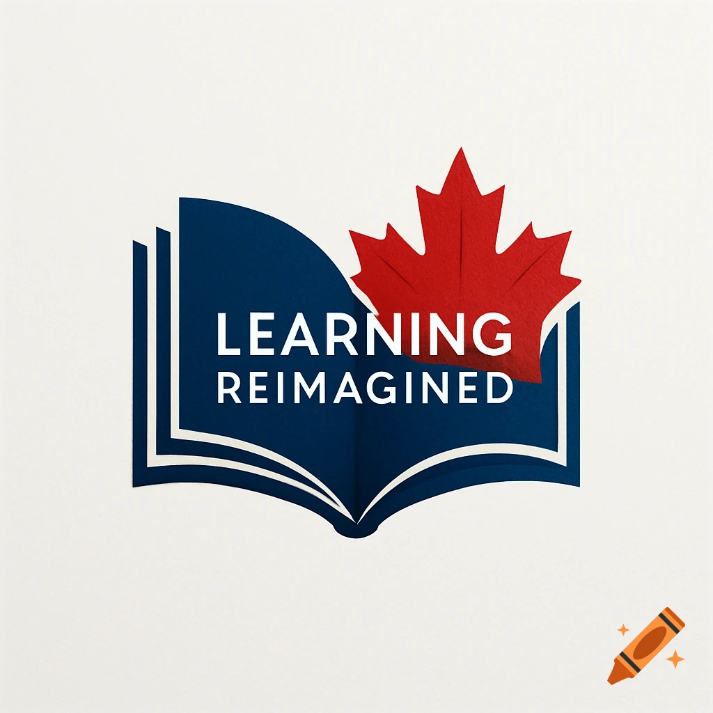 A blue open book logo with the words 'LEARNING REIMAGINED' on its pages and a red Canadian maple leaf emerging from the top.