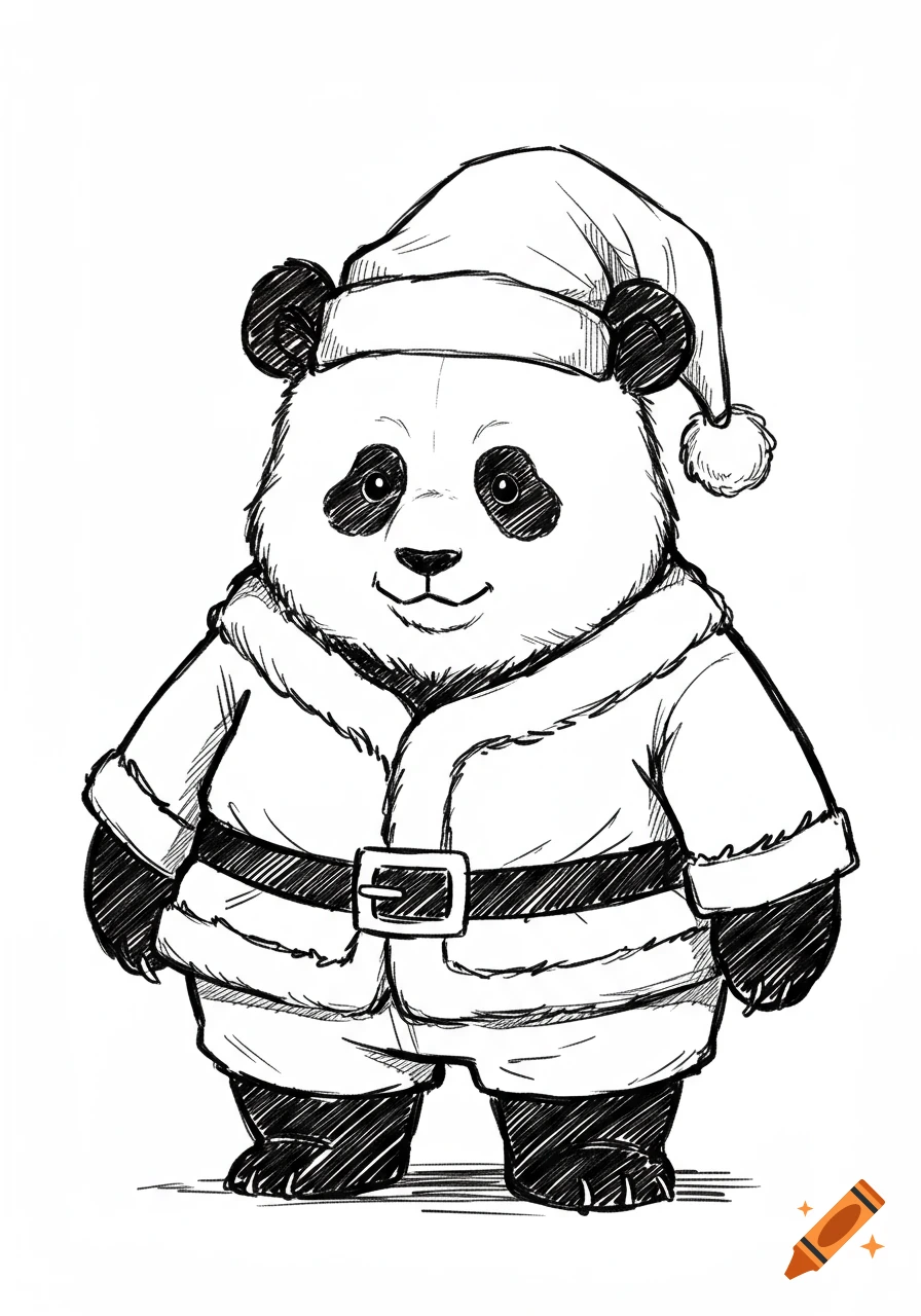 A black and white sketch of a panda wearing a Santa hat and suit.