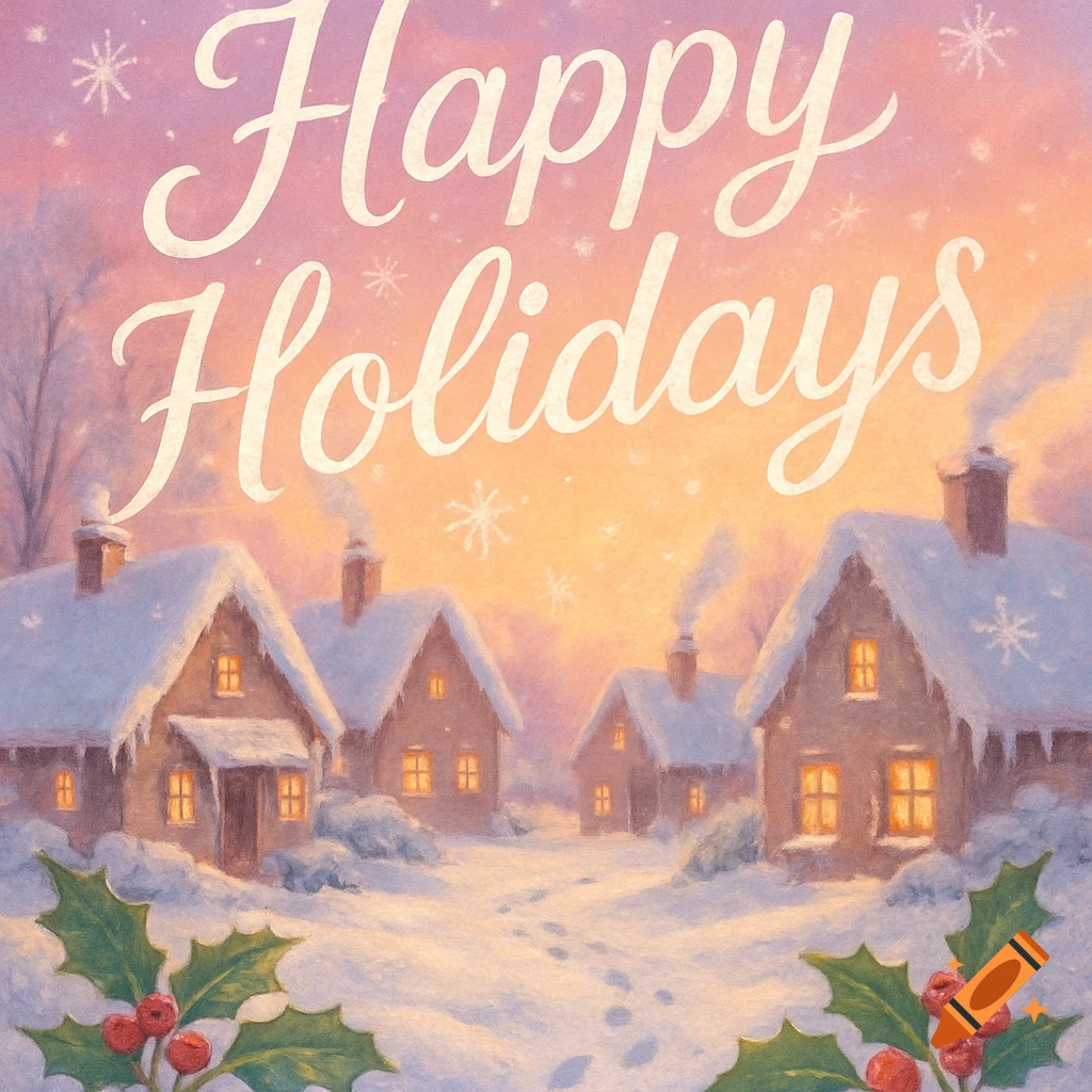 A pastel painting of a snowy village at sunset with the words 'Happy Holidays' above, and holly leaves at the bottom.