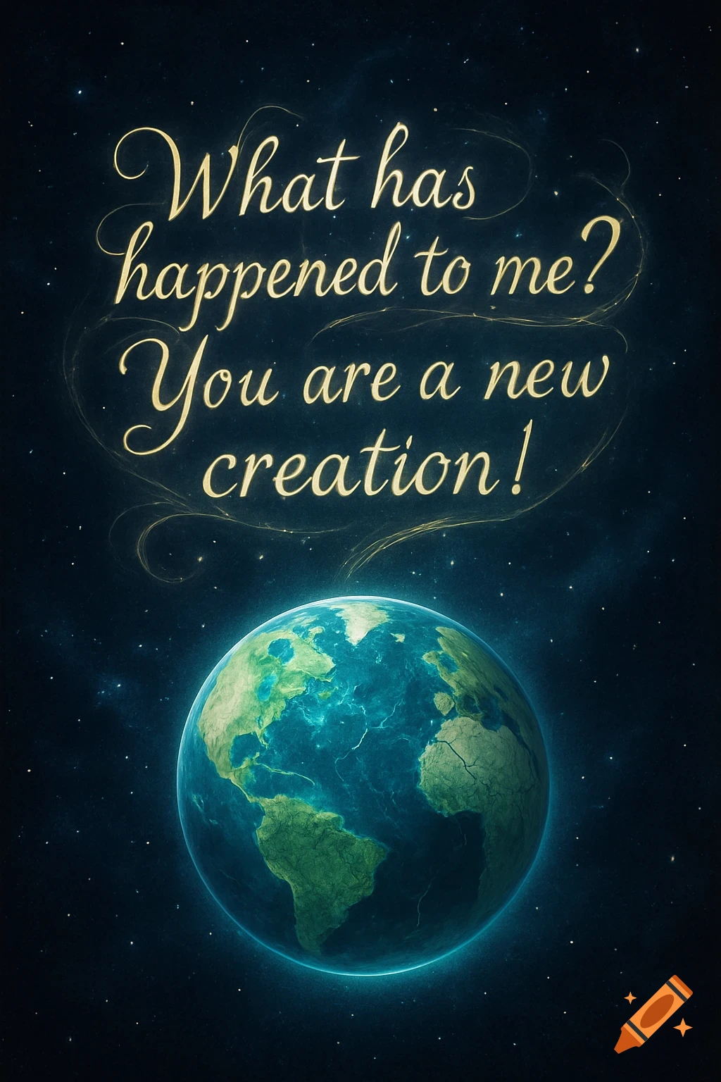 A glowing Earth globe against a starry dark blue background, with golden elegant script text above it.