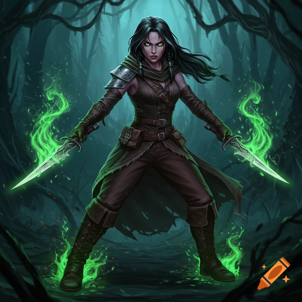 A female rogue with green eyes and dark hair stands in a dark forest, holding two daggers with green flames in a fantasy art style.