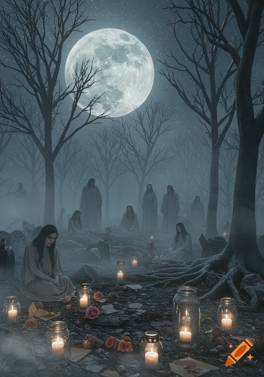 A somber, mystical scene in a foggy, moonlit forest with bare trees, robed figures, and flickering candles among scattered roses.