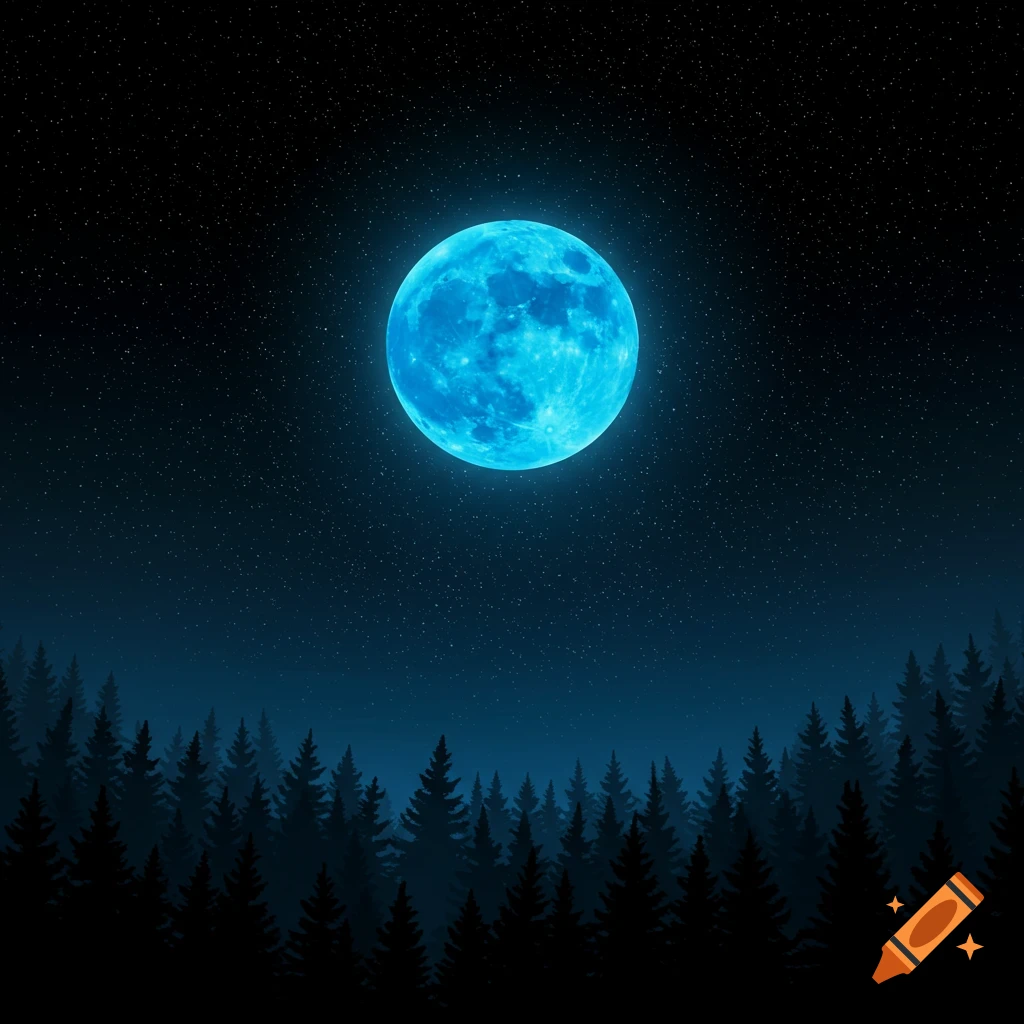 A vibrant blue full moon glows in a dark, star-filled night sky above a silhouetted pine forest.