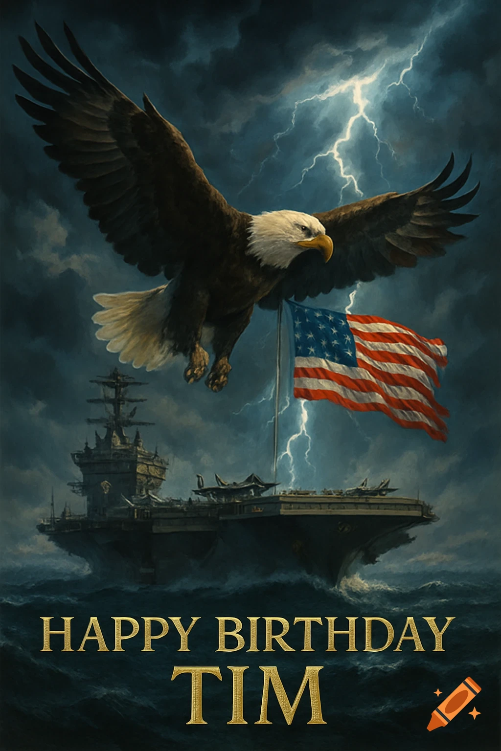 A majestic bald eagle flies with a US flag above a US Navy aircraft carrier in a stormy sea with lightning. Gold text reads 'HAPPY BIRTHDAY TIM'.