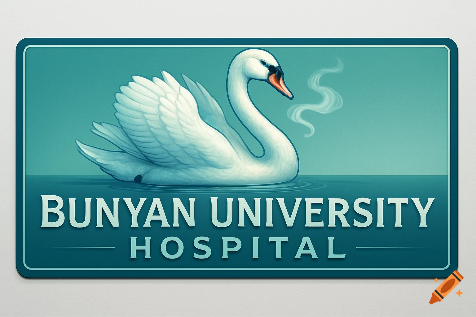A teal sign with a white swan on water emitting smoke, and the text BUNYAN UNIVERSITY HOSPITAL.