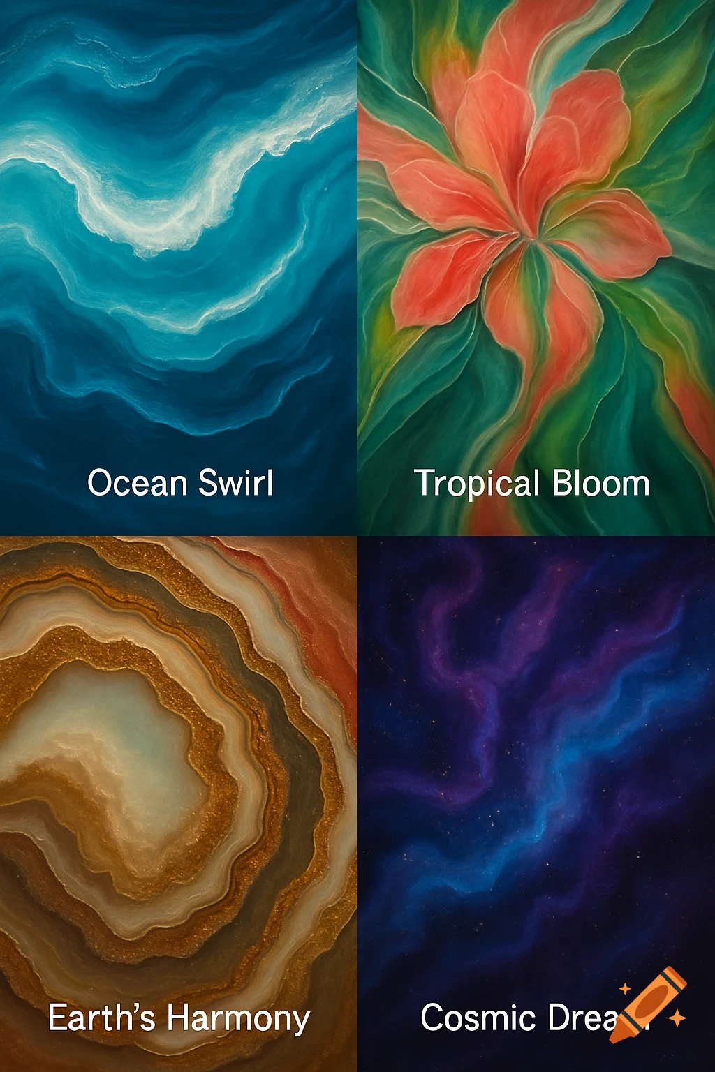 Four vibrant abstract art panels: swirling blue ocean waves, a red tropical flower, earthy brown and gold geological layers, and a purple and blue cosmic nebula. Each panel has a white text label.
