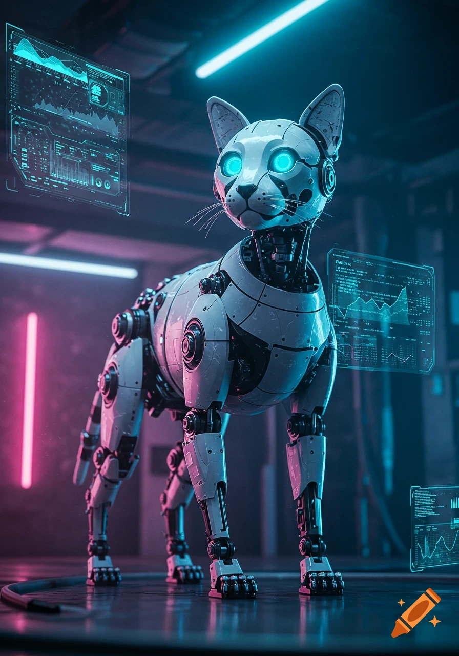 A sleek white robot cat with glowing blue eyes stands in a neon-lit futuristic room with holographic data screens.