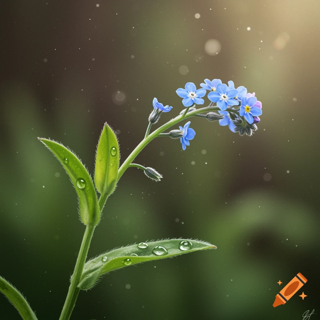 A photorealistic close-up of blue forget-me-not flowers and green leaves with water droplets.
