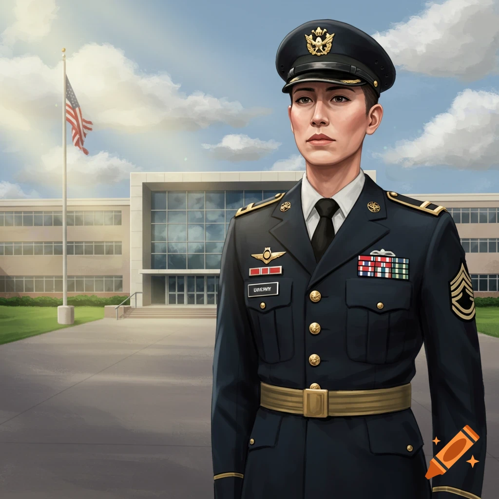 Illustration of a person in a dark blue military uniform standing outdoors with a building and US flag in the background.