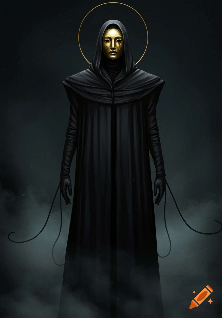A tall figure in a black hooded robe and black gloves stands in mist, wearing a golden mask with tear-like depressions, with a golden halo.