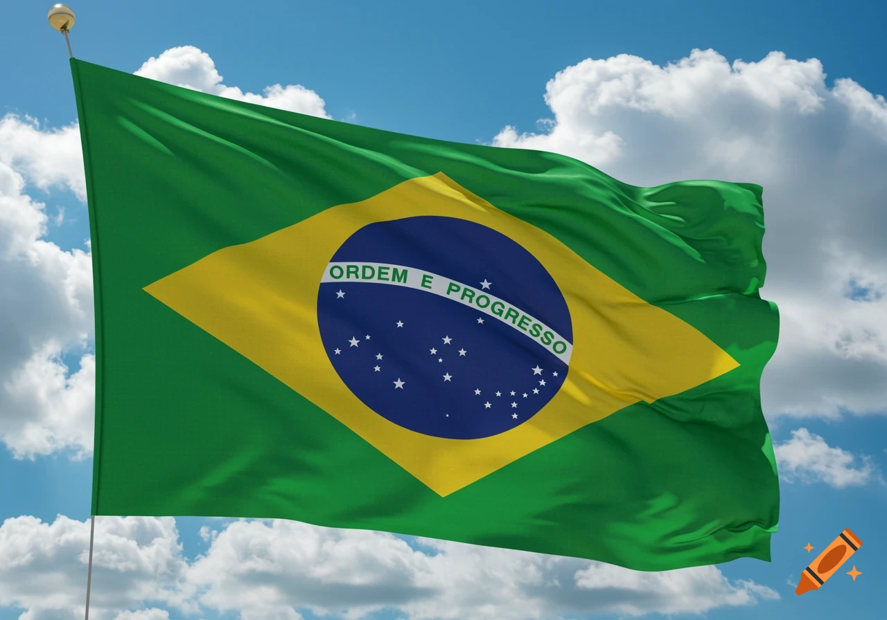 Photorealistic Brazilian flag waving against a blue sky with white clouds.
