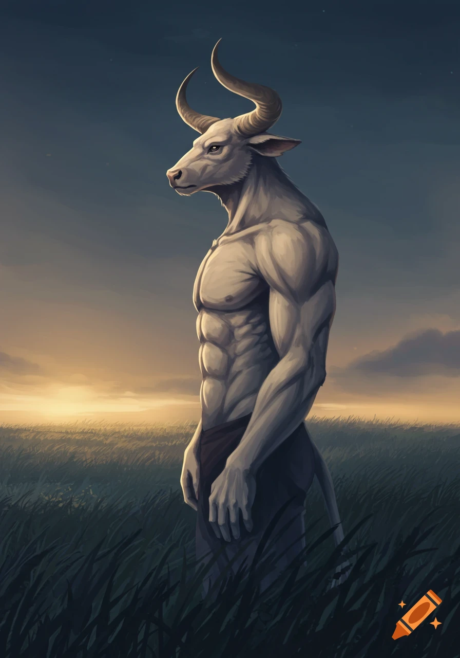 An anime style anthropomorphic minotaur with a muscular build stands in a field at sunset.