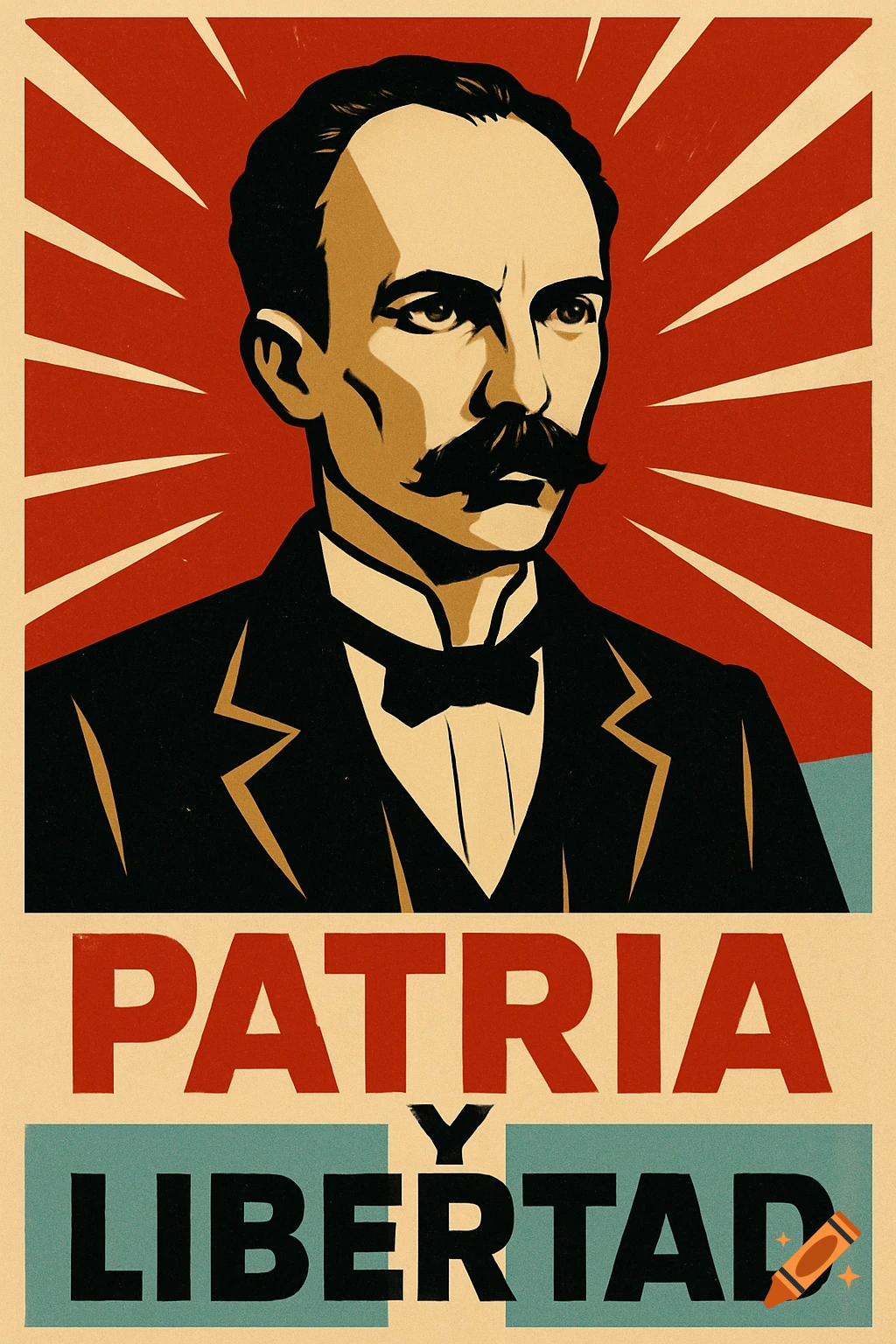 Vintage-style propaganda poster of José Martí with a mustache, red radiating background, and text 'Patria y Libertad'.