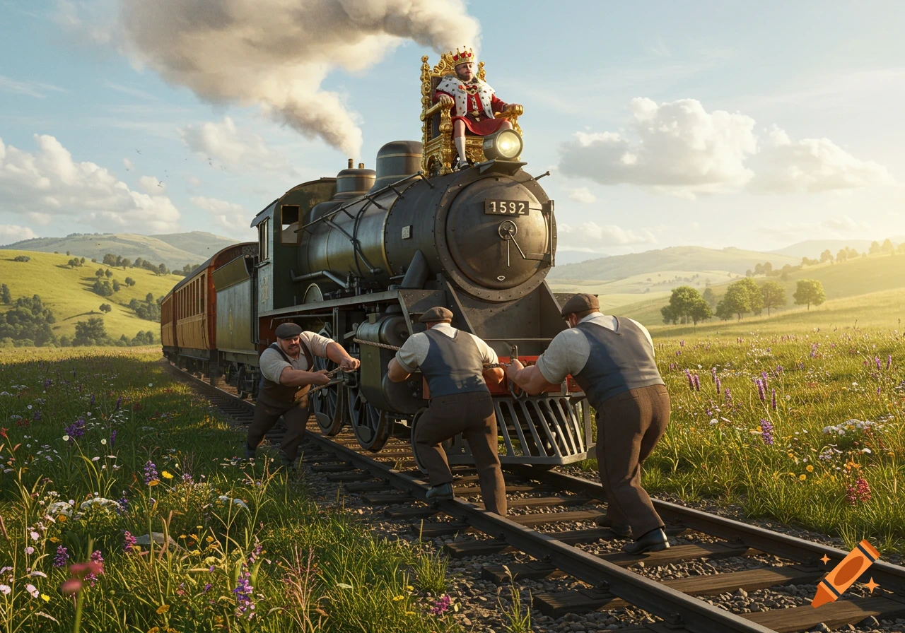 Three men push a train with a king on top through a sunny, flower-filled field.