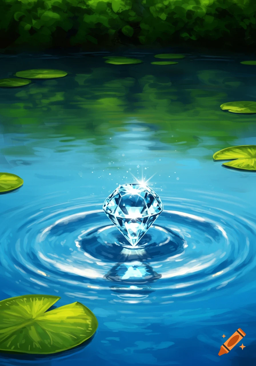 A sparkling diamond floats in clear blue water with ripples, surrounded by green lily pads, with lush foliage in the background in a digital painting style.