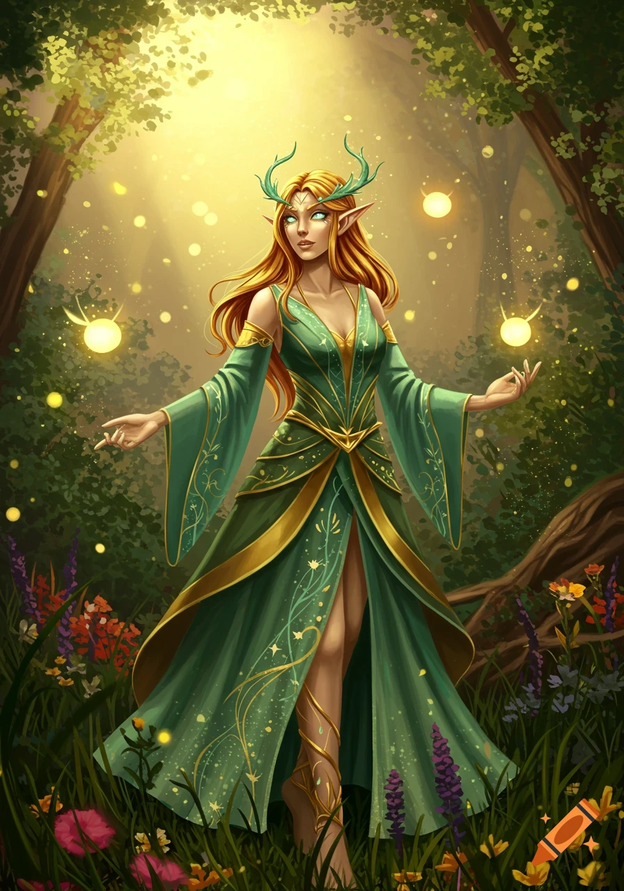 A detailed illustration of an elf woman with long blonde hair, antlers, and a green dress, standing in a magical sunlit forest with glowing orbs.