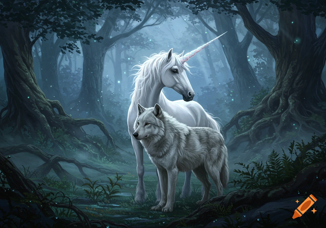 A majestic white unicorn and a grey wolf stand together in a magical, misty forest.