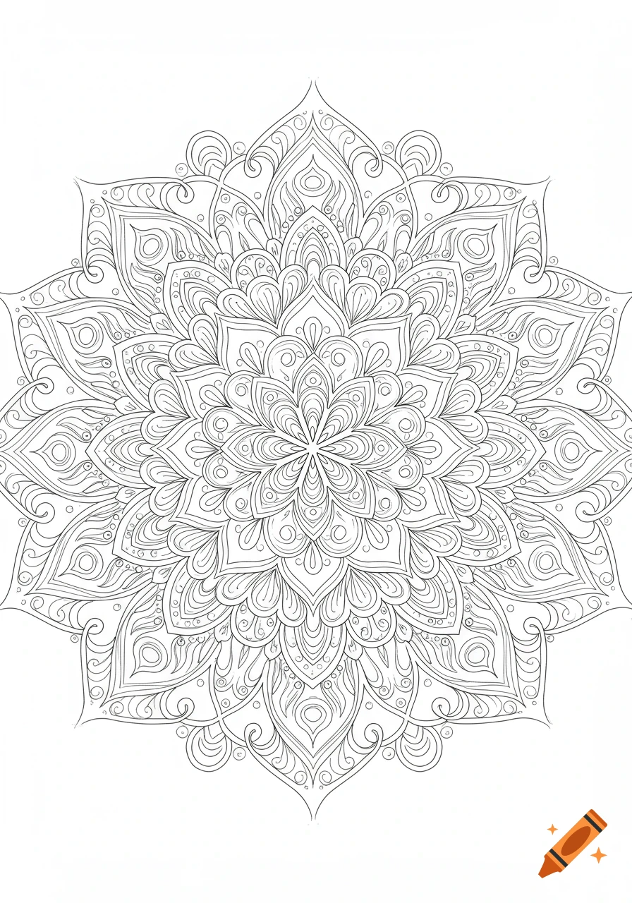 Intricate black and white line art mandala pattern with symmetrical floral and geometric details.