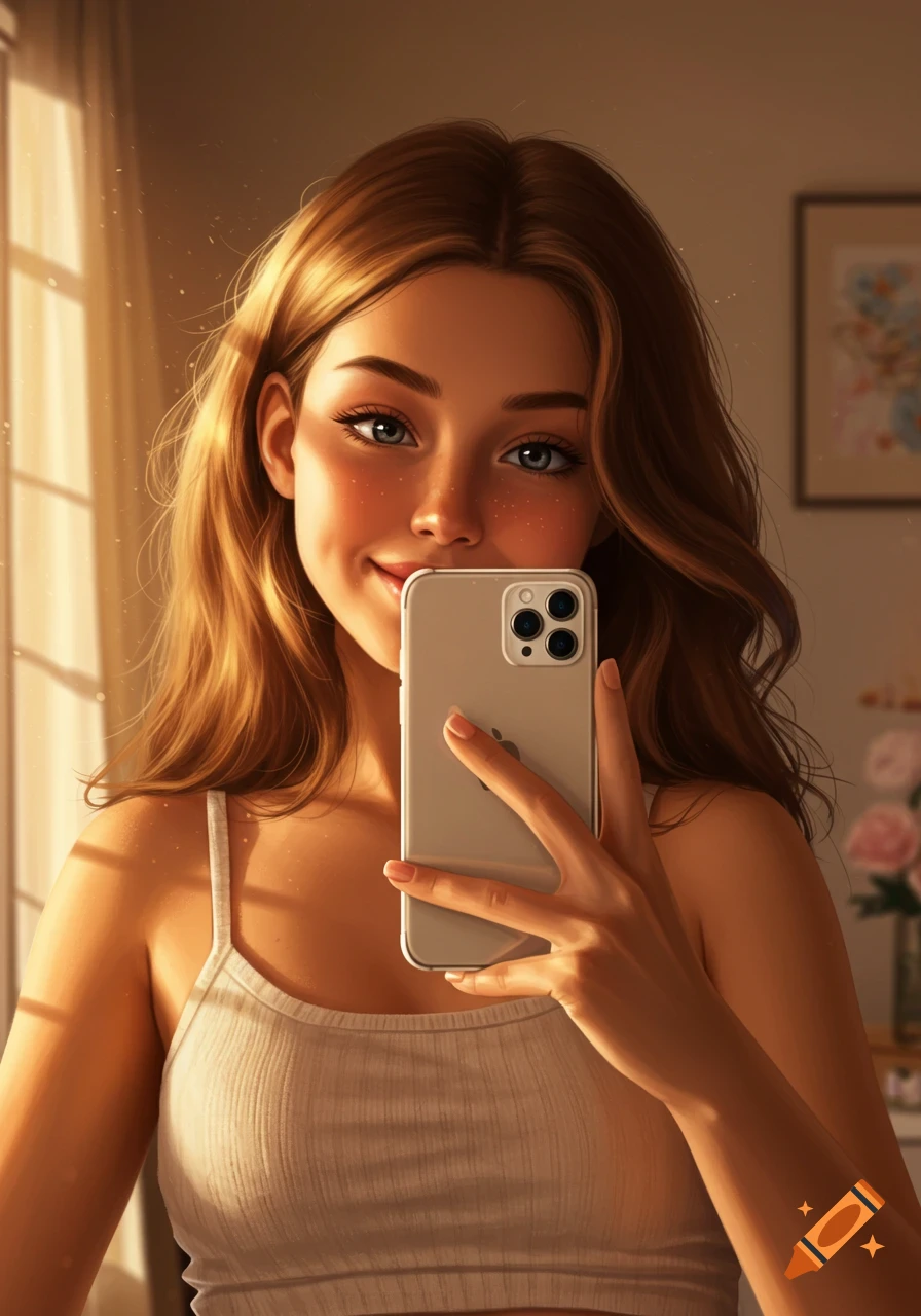 A young woman with long hair smiles while taking a photorealistic selfie with an iPhone in warm sunlight.