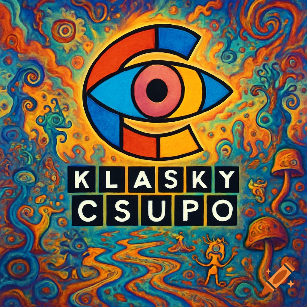 A vibrant, psychedelic illustration featuring a stylized eye logo with colorful segments above the text 'KLASKY CSUPO', all against a swirling background with mushrooms.