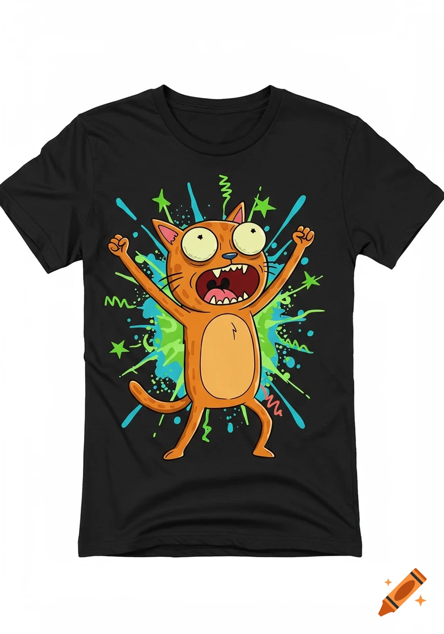 Black t-shirt with a cartoon of Squanchy from Rick and Morty, an orange cat-like creature with wide eyes, open mouth, and raised arms, surrounded by green and blue splatters.