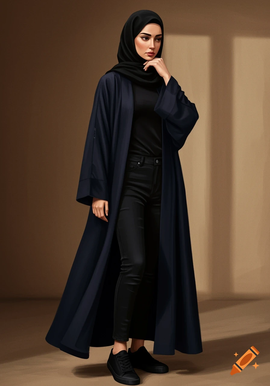 A photorealistic illustration of a woman in a black hijab, navy blue open abaya, black top, jeans, and trainers.