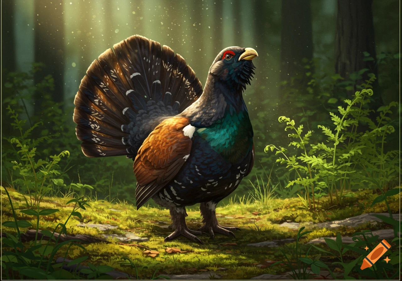 A large, dark capercaillie grouse with a fanned tail and iridescent blue-green chest stands in a sun-dappled forest.
