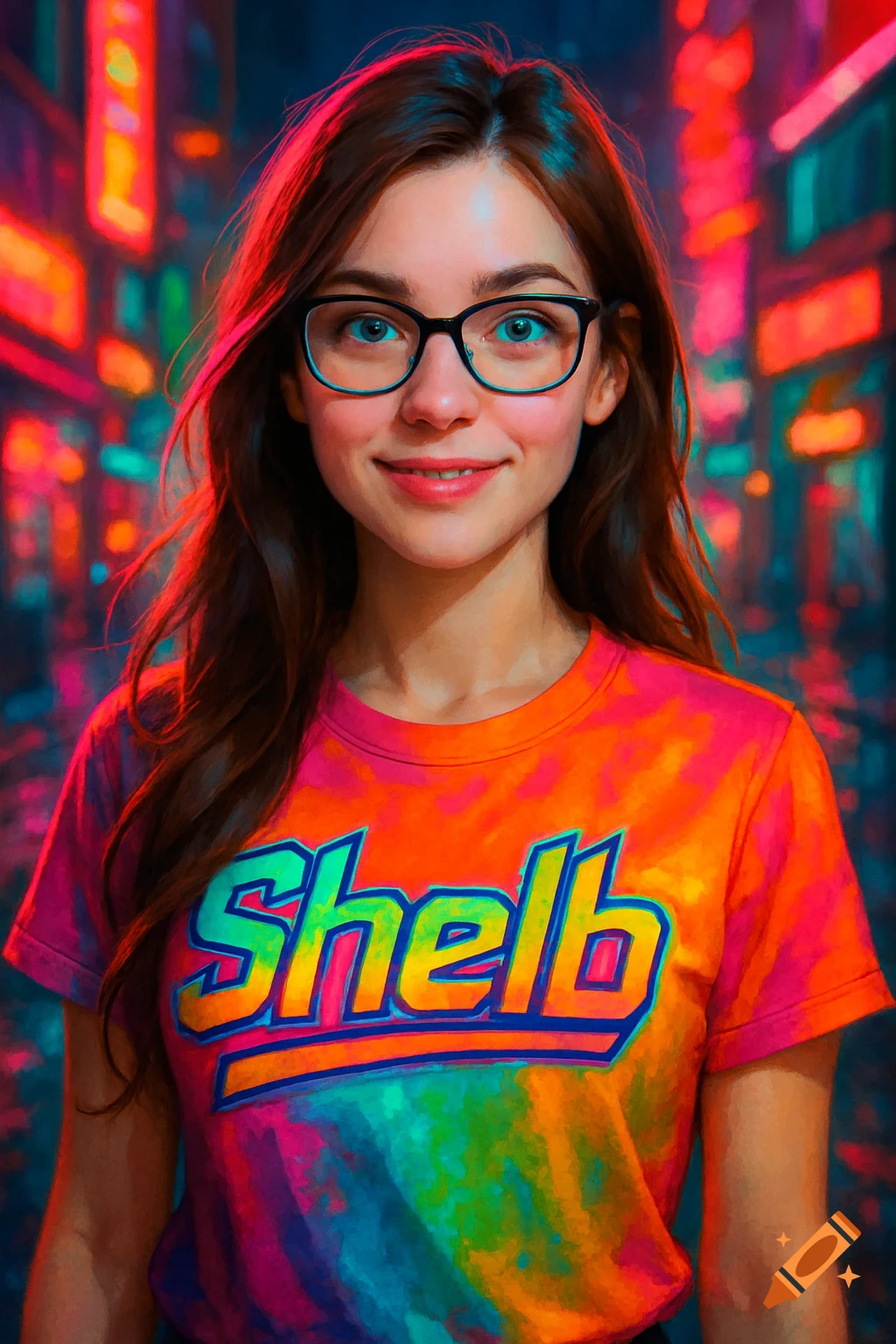 A young woman with brown hair and glasses smiles, wearing a vibrant tie-dye shirt with 'Shelb' written across it, against a neon city background.