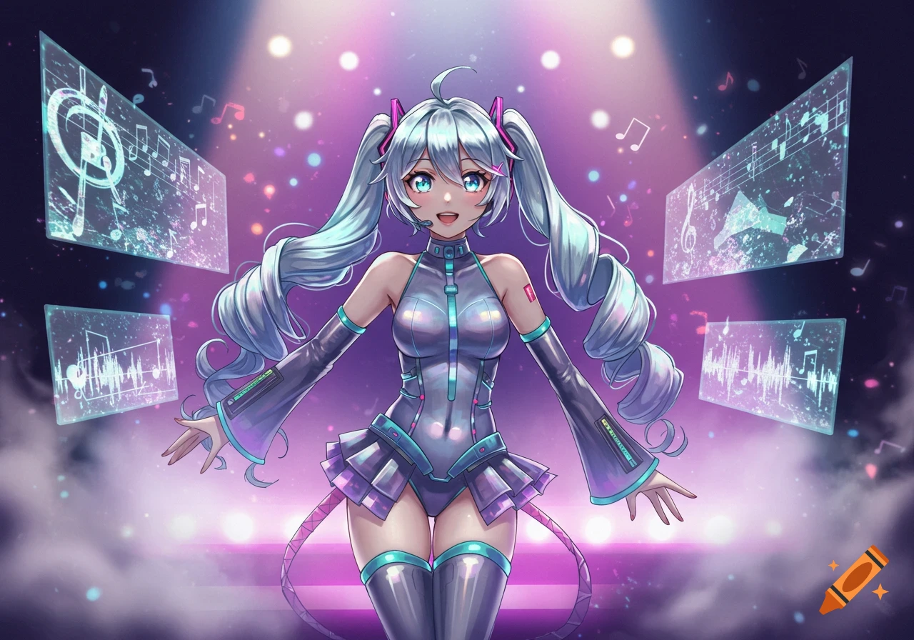 Anime character with long teal pigtails performing on a stage with holographic musical notes and glowing lights.