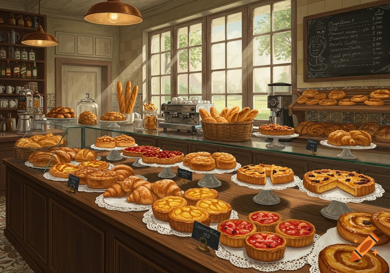 A detailed illustration of a cozy bakery interior with a counter full of various pastries, tarts, and breads, bathed in warm sunlight from a large window.