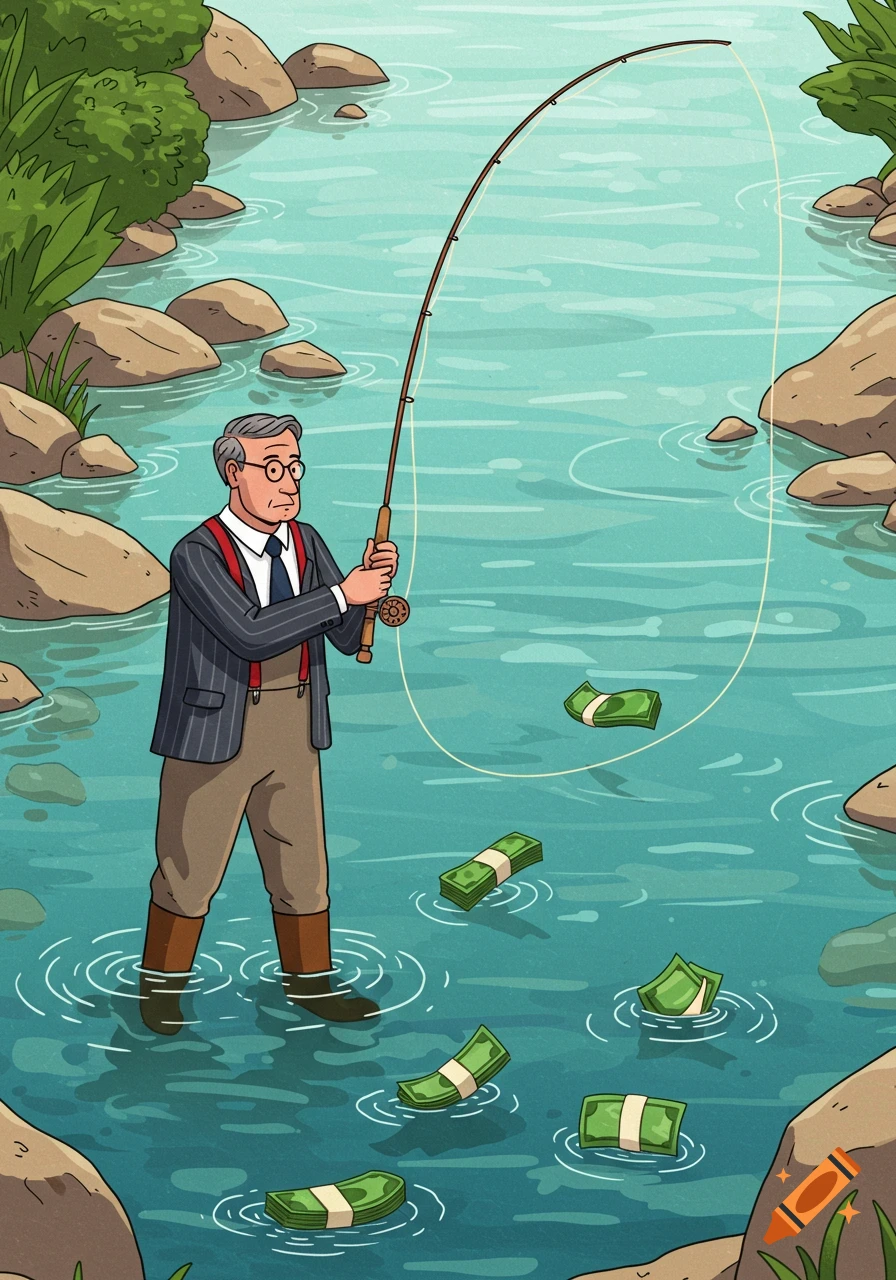 A cartoon man in a suit wades in a river, fly fishing for bundles of money floating in the water.