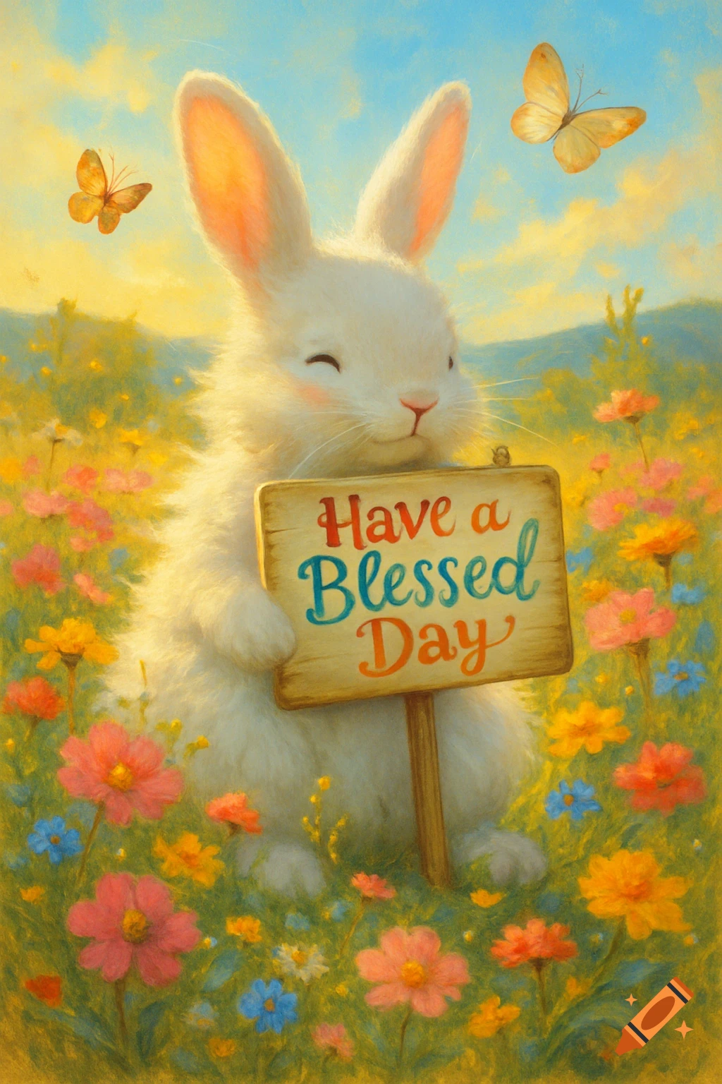 A whimsical illustration of a cute white bunny holding a sign that says 'Have a Blessed Day' in a field of colorful flowers with butterflies.