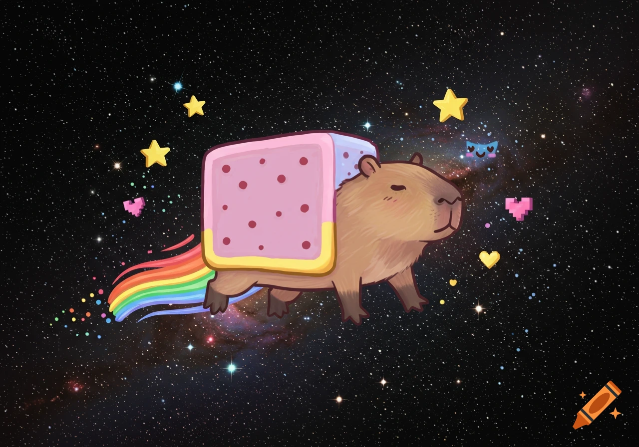 A cartoon capybara with a pink pop-tart on its back flies through a starry cosmos, leaving a rainbow trail.