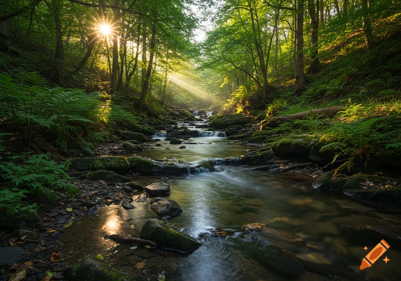 Sunlight streams through a lush green forest, illuminating a rocky stream flowing through the woods.