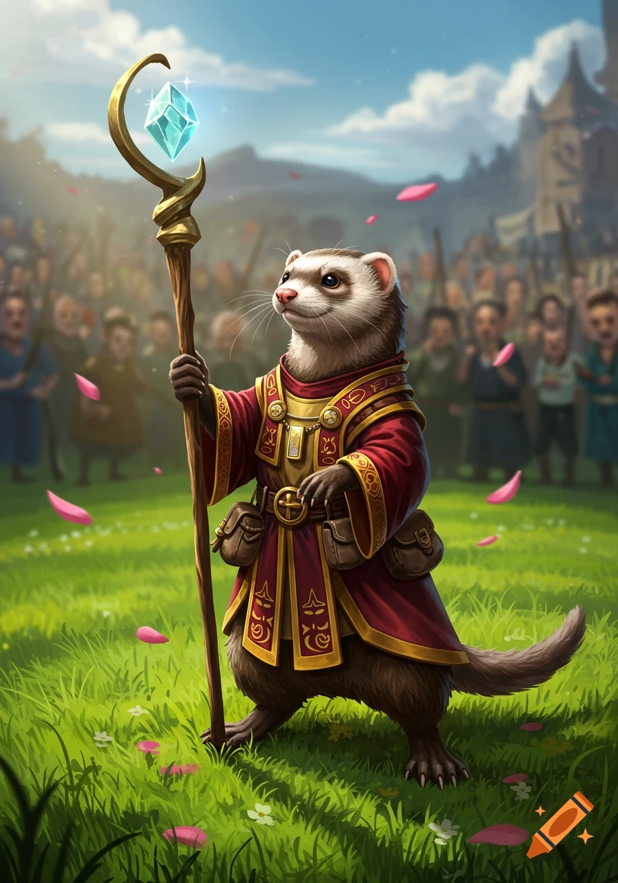 A wise-looking ferret dressed in a red and gold robe holds a glowing crystal staff in a grassy field with a crowd behind it.
