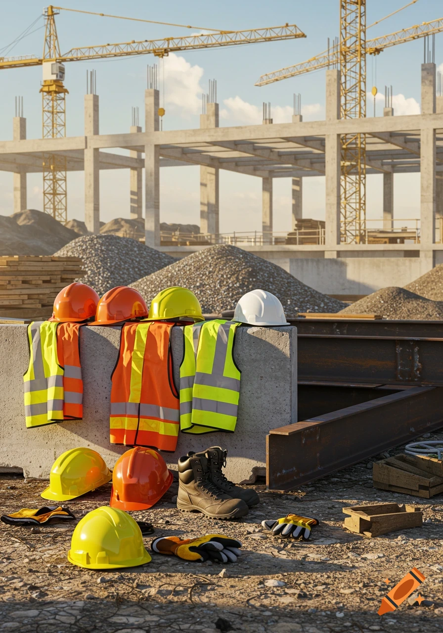 Hard hats, safety vests, and work boots on the ground at a construction site with concrete structures and cranes in the background under a blue sky.