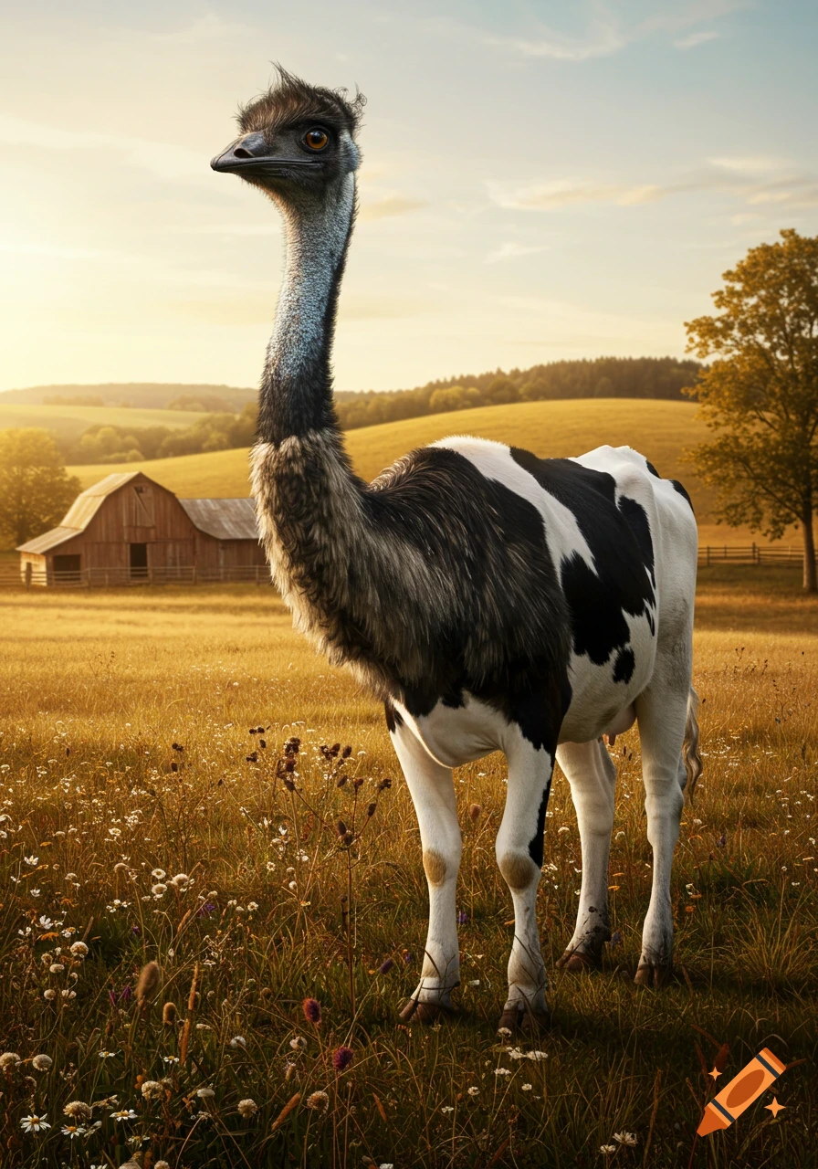 A photorealistic emu and cow hybrid stands in a sunlit field with a barn and rolling hills in the background.