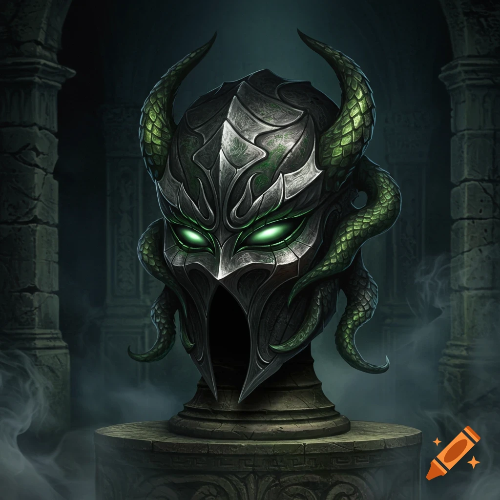 A fantasy helmet with snake-like horns and tentacles, featuring glowing green eyes, resting on a pedestal in ancient ruins with mist.