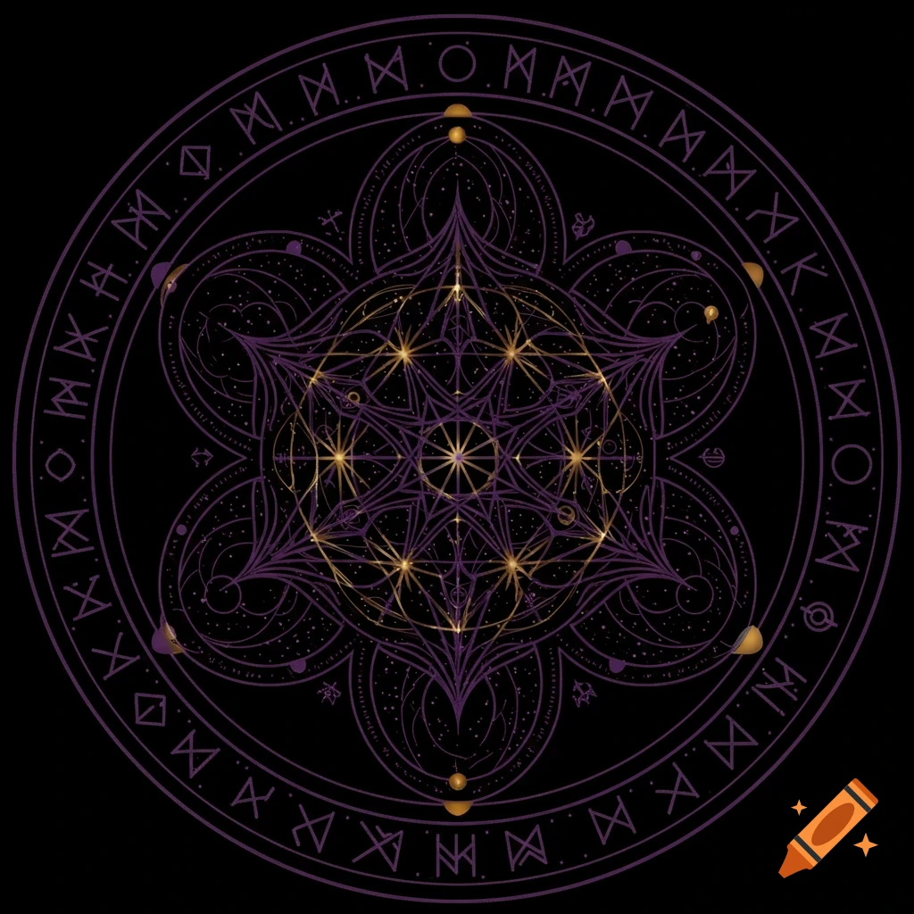 A dark purple and gold complex geometric sigil with intricate lines and patterns, resembling sacred geometry, set against a black background.