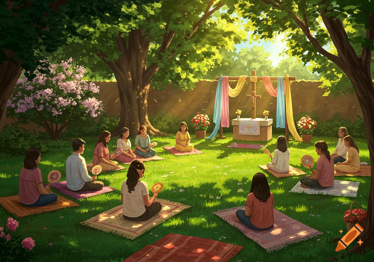 Illustrative scene of people attending an outdoor 'yard mass' in a sunny, green backyard with a decorated altar and large trees.