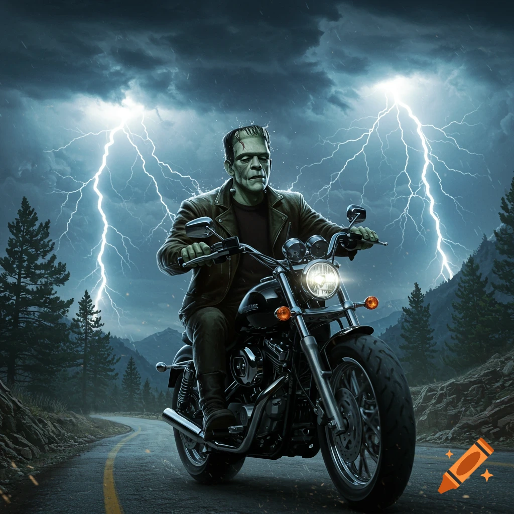 Frankenstein's monster on a motorcycle, lightning flashes in a stormy night sky over a mountain road.