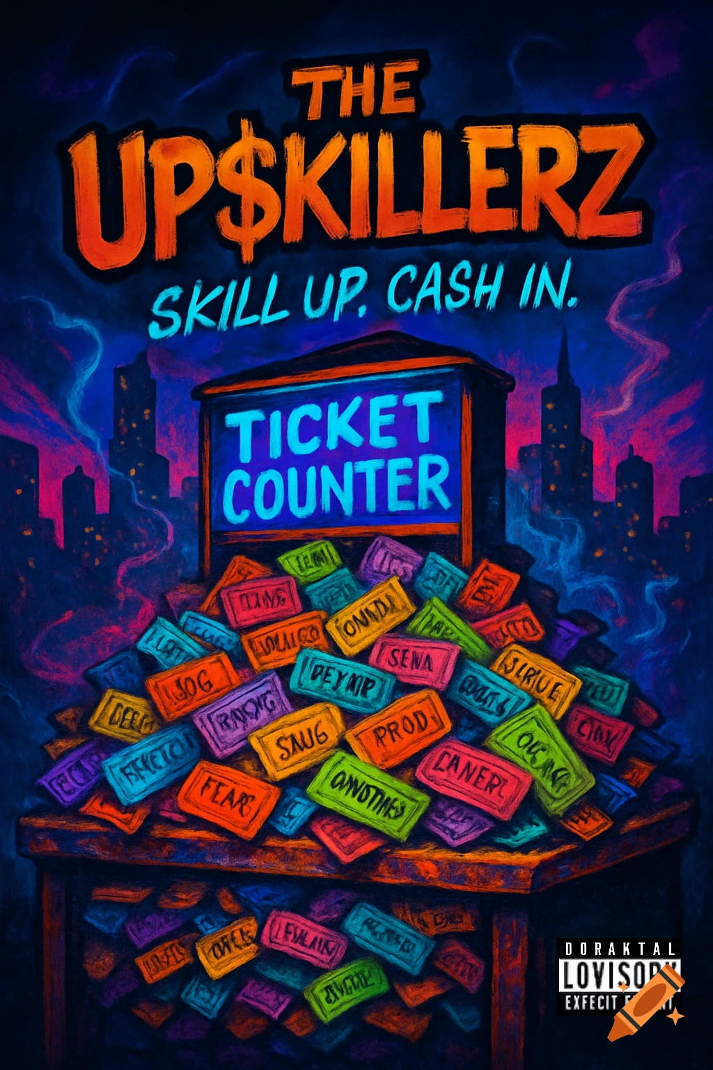A colorful, stylized album cover titled "The Up$killerz" with tagline "Skill Up. Cash In." against a neon cityscape. A ticket counter sits atop a large pile of varied, colorful tickets.