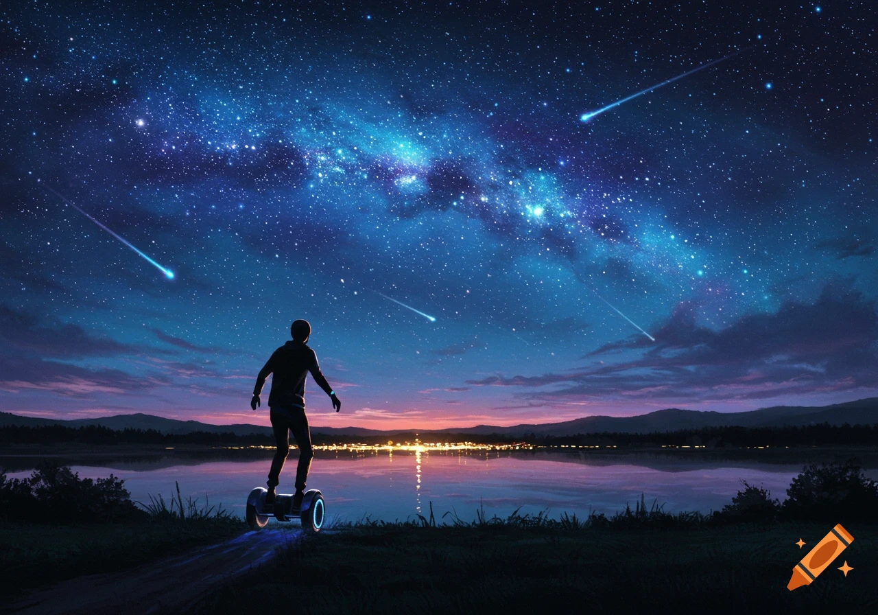 A person on a glowing hoverboard under a vibrant starry night sky with meteors over a calm lake, digital art.