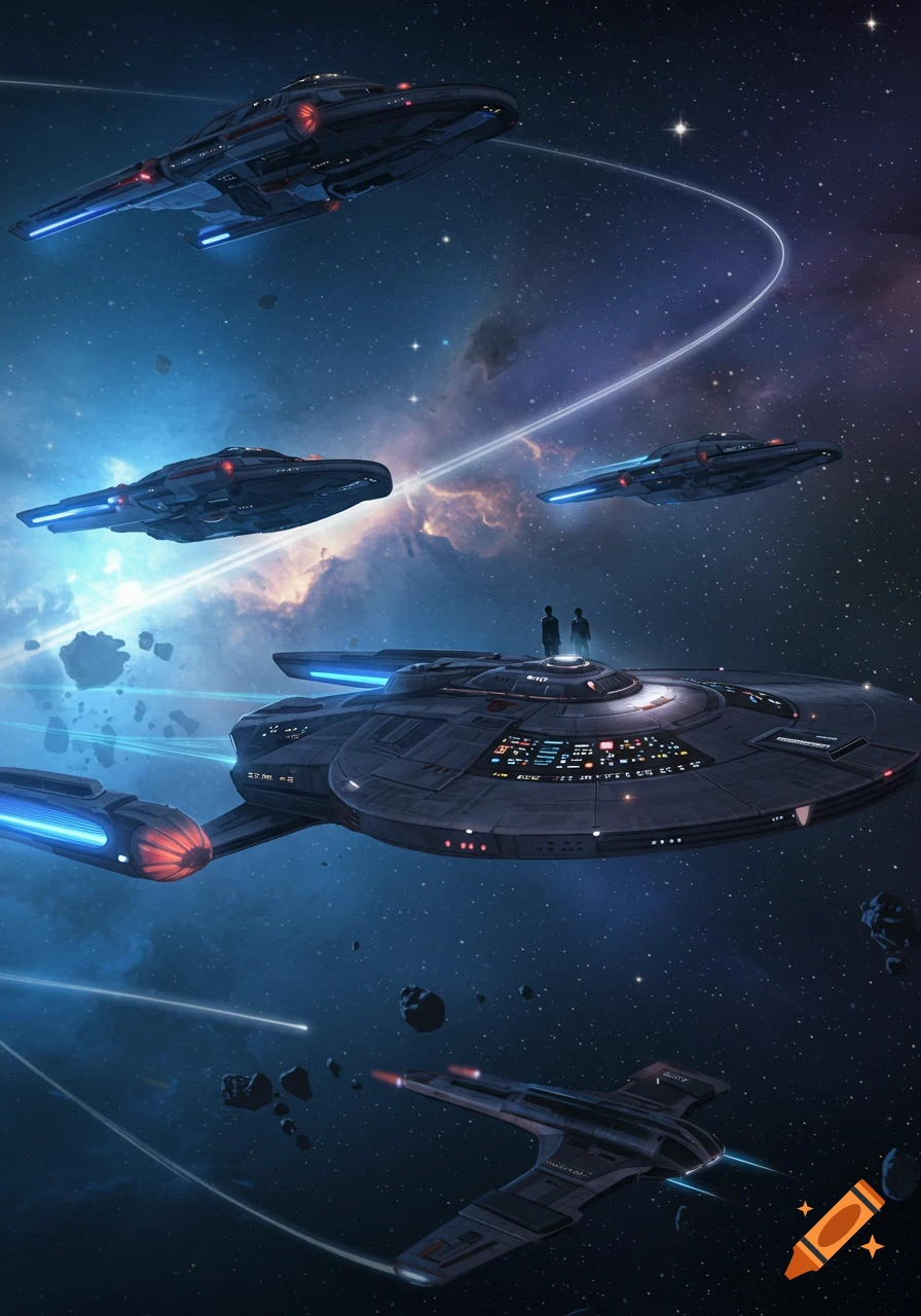 Multiple Star Trek-like spaceships fly through a luminous nebula with asteroids in deep space, with two figures on the largest ship.