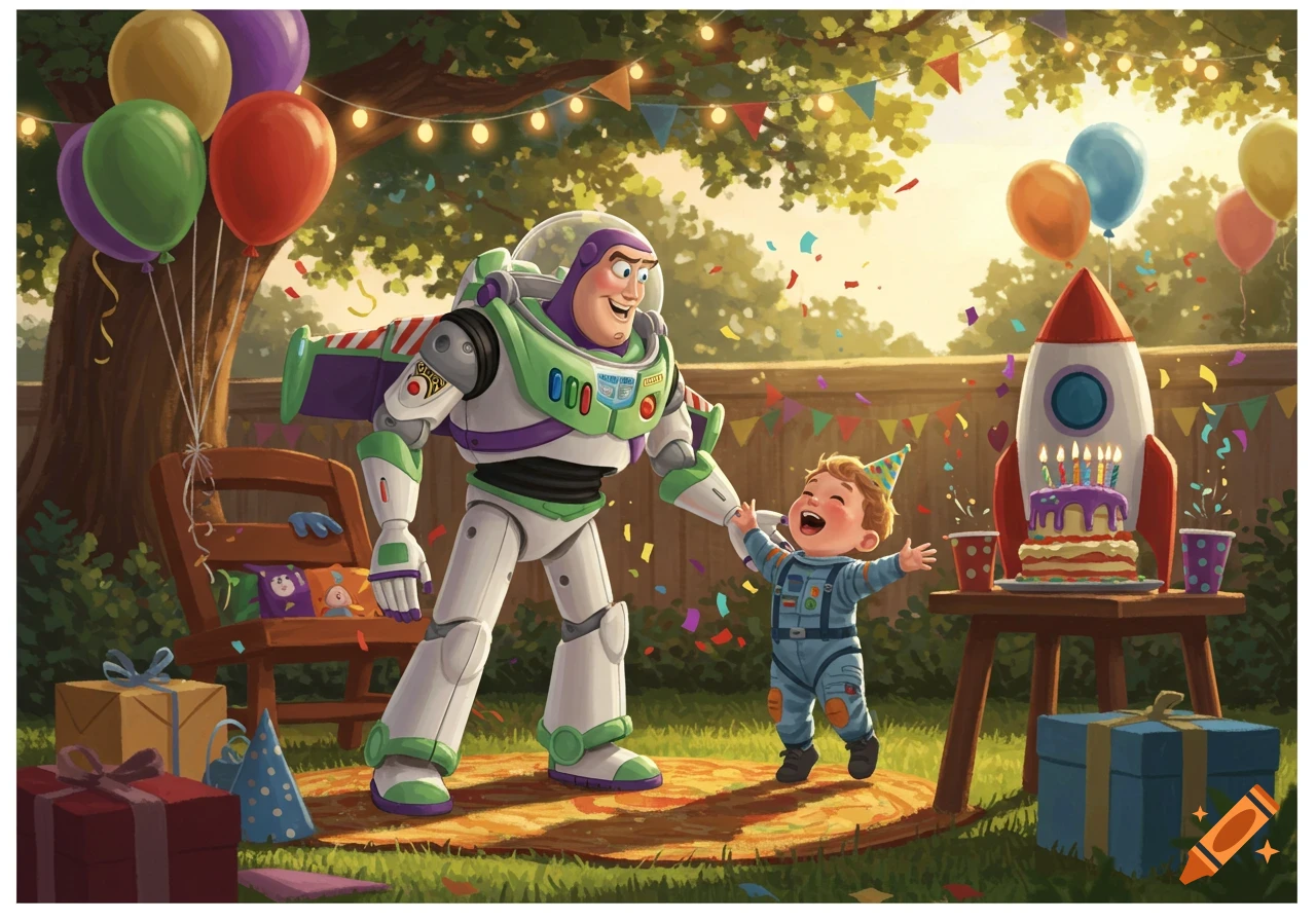 Buzz Lightyear and a happy boy in an astronaut suit celebrate a birthday outdoors with colorful balloons, confetti, gifts, and a rocket ship cake.