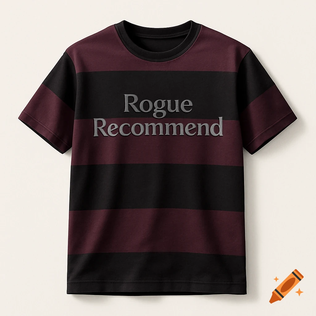 A black and maroon striped t-shirt with "Rogue Recommend" in gray text on the chest.