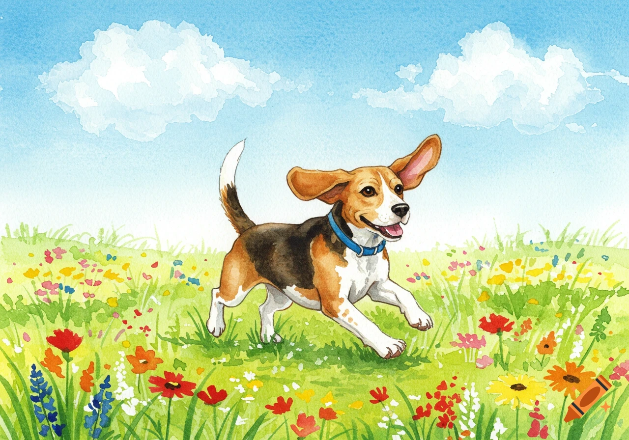 A watercolor painting of a happy beagle dog with a blue collar running through a field of colorful wildflowers under a blue sky.