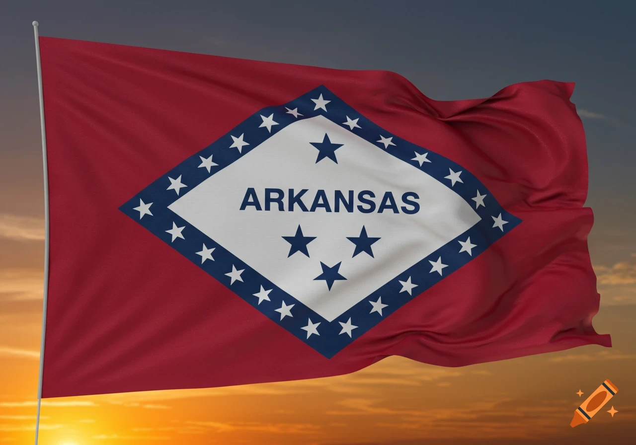 The red and white Arkansas state flag with the word ARKANSAS and stars, waving against a sunset sky.